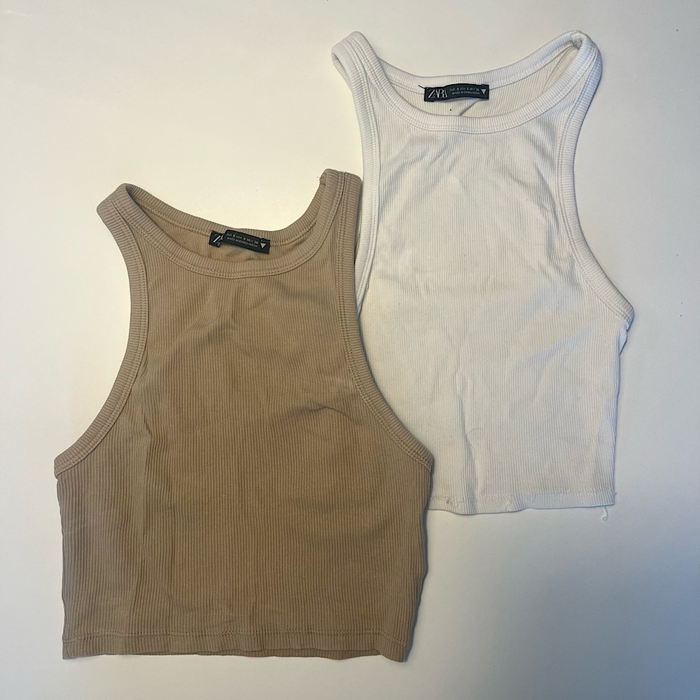 Zara Women Ribbed Tank Tops - White and Tan